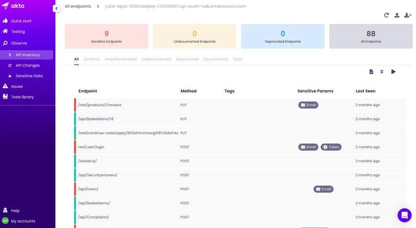 Akto.io API inventory dashboard showing endpoint list and details.