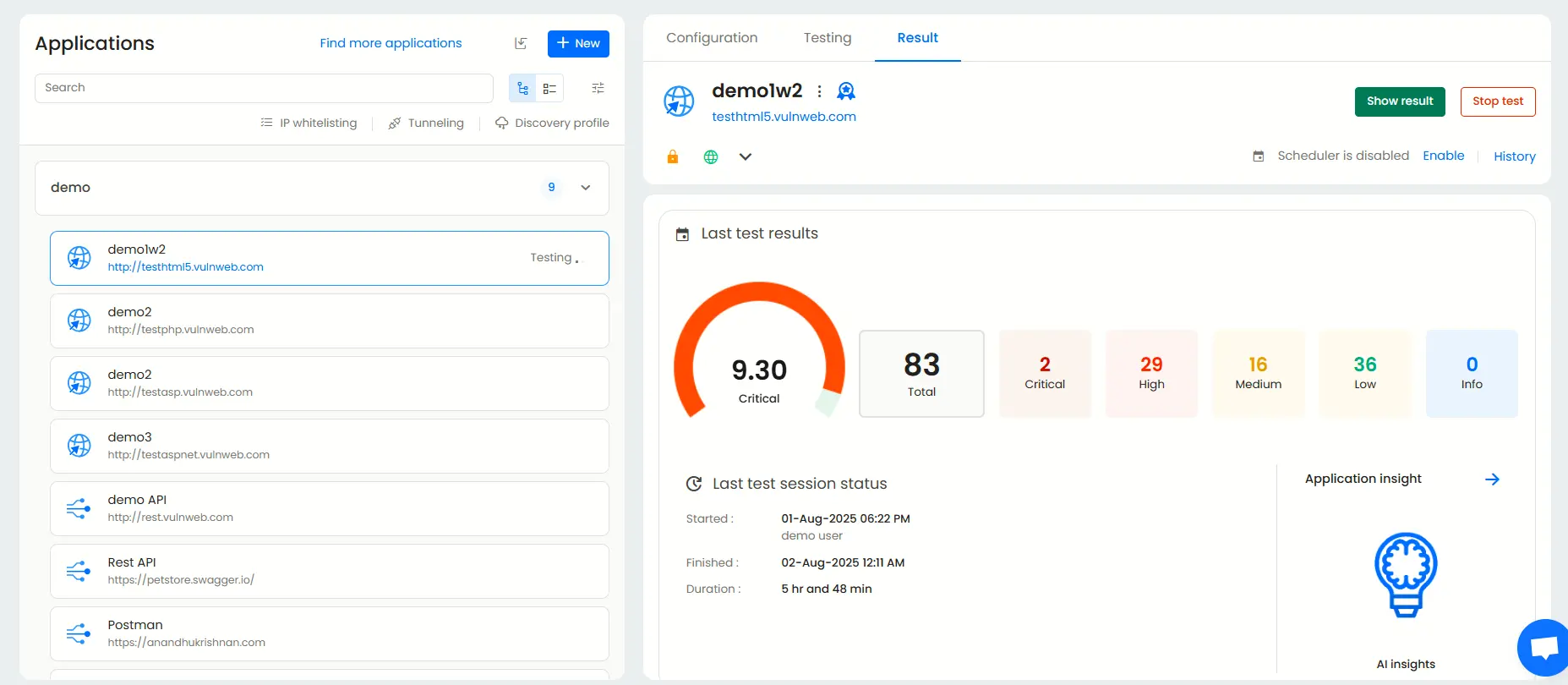 Application dashboard showing results