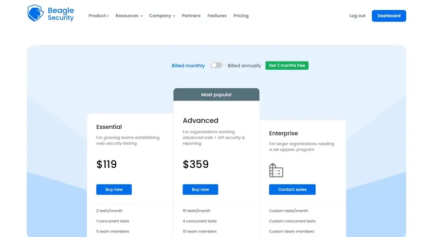 Beagle Security pricing table for essential, advanced, and enterprise plans.