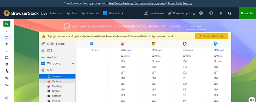 BrowserStack's dashboard showing OS version testing with different browsers. BrowserStack's dashboard showing OS version testing with different browsers.