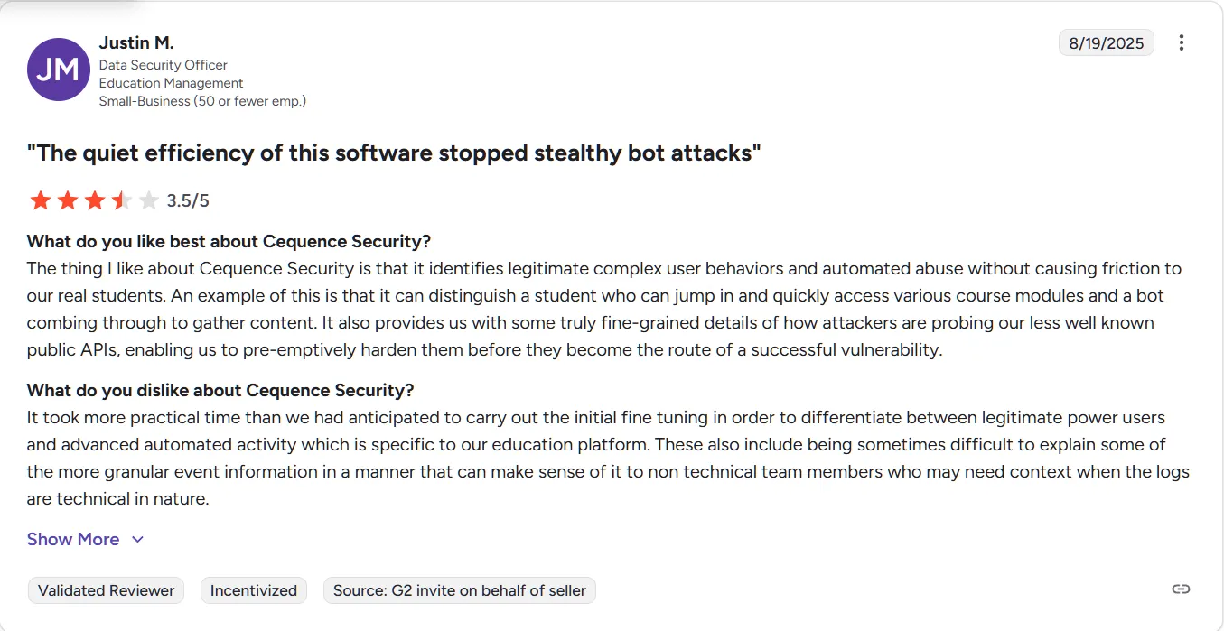 Cequence Security customer review, 3.5 stars, mentioning bot attacks. Cequence Security customer review, 3.5 stars, mentioning bot attacks.