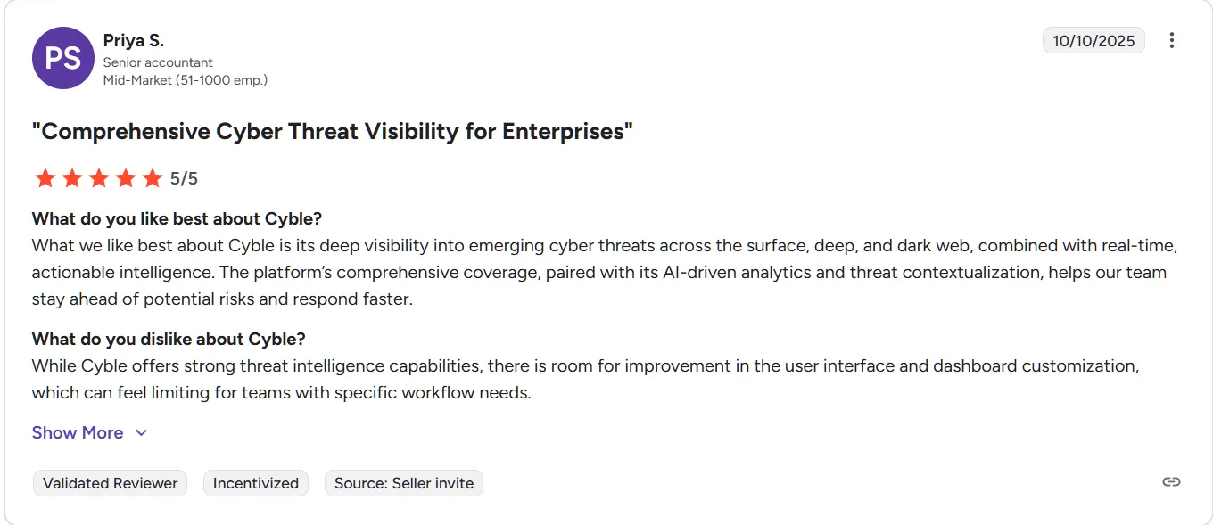 Customer review of Cyble with a 5-star rating. Customer review of Cyble with a 5-star rating.