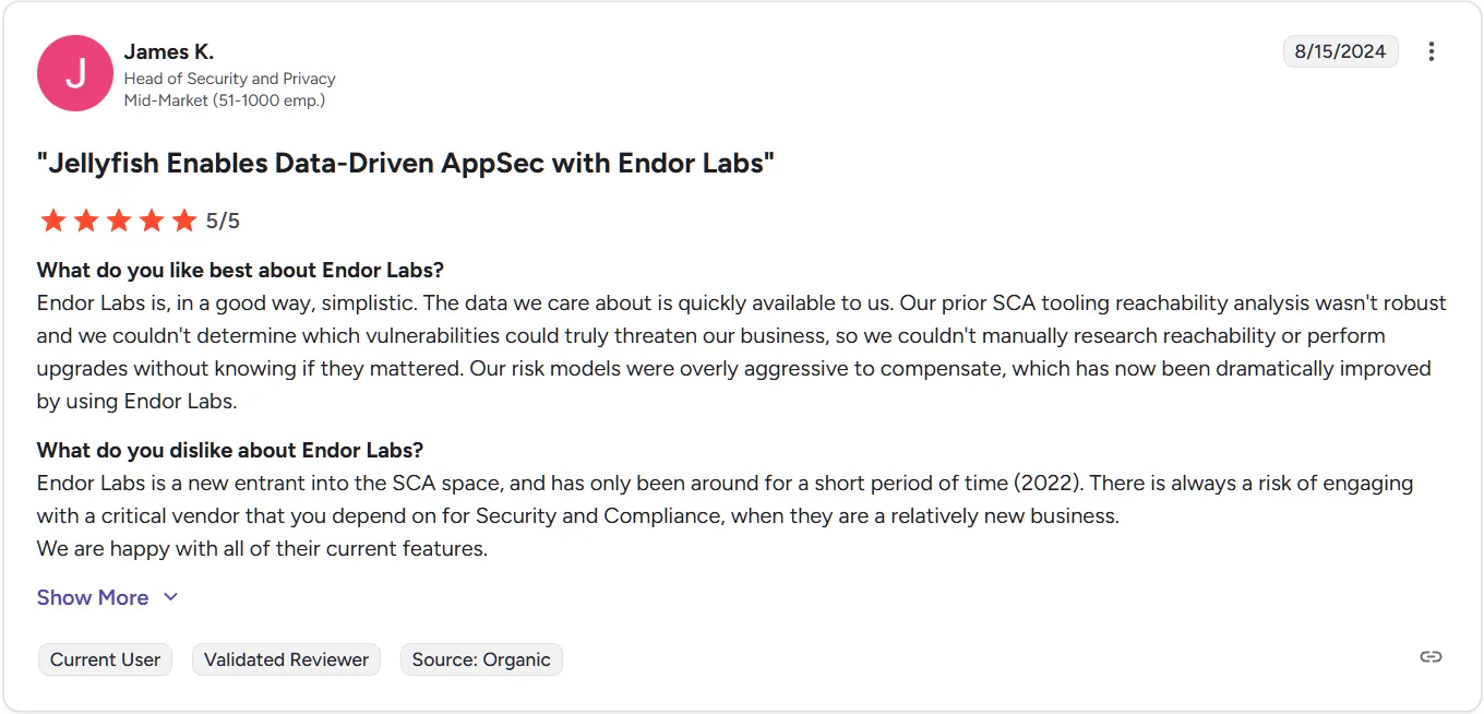 Endor Labs user review with 5-star rating and feedback. Endor Labs user review with 5-star rating and feedback.