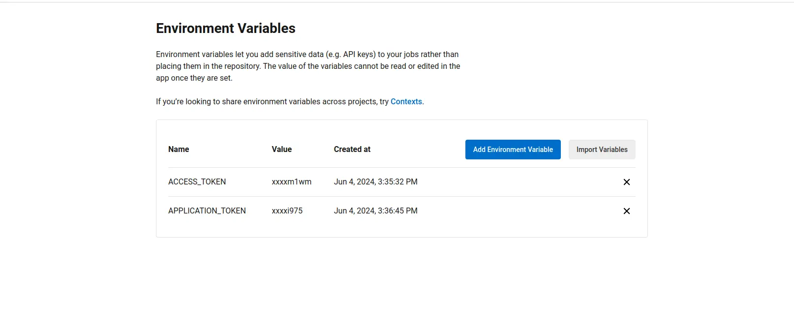 Environment variables addition screen