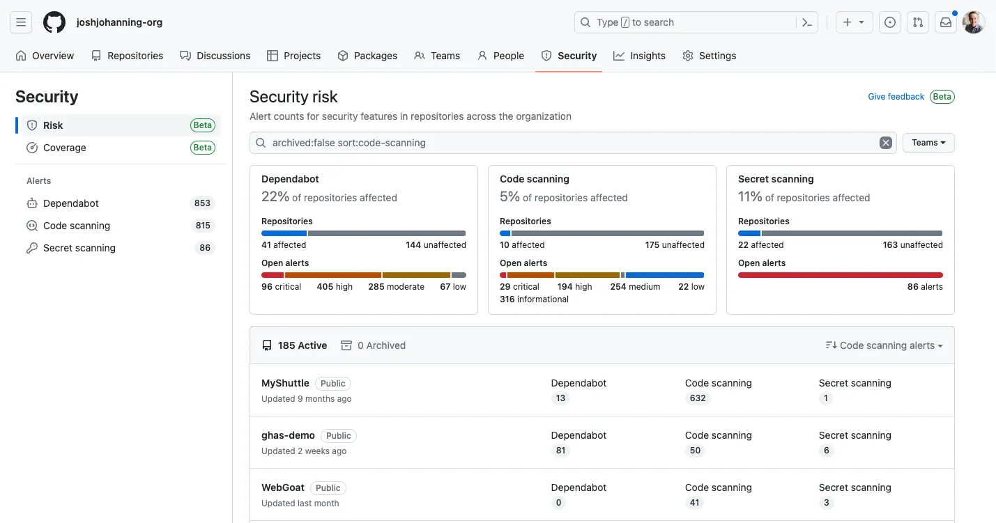 GitHub Advanced Security Dashboard