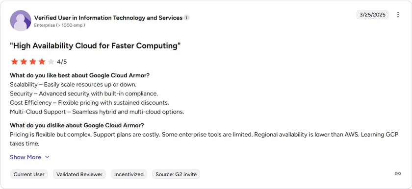 Google Cloud Armor review excerpt from a verified user.