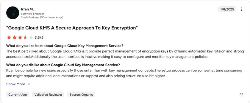 Google Cloud KMS user review with star rating and feedback.