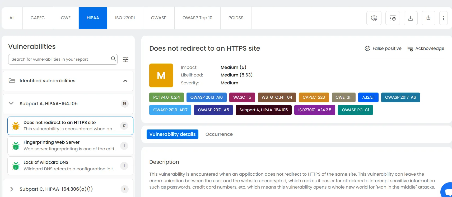 HIPAA specific reporting in Beagle Security's results dashboard. HIPAA specific reporting in Beagle Security's results dashboard.