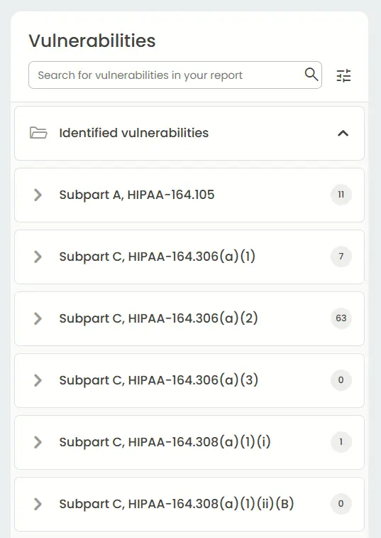 List of HIPAA vulnerabilities in the application