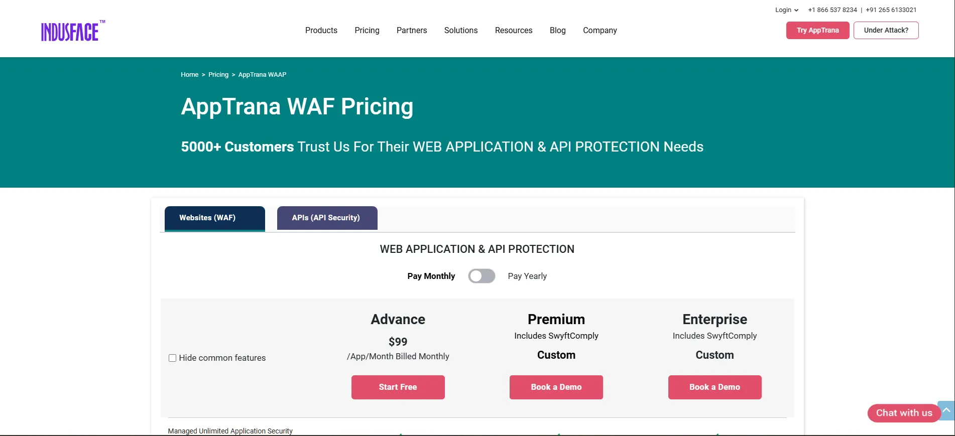 Indusface AppTrana WAF pricing table with three plan options. Indusface AppTrana WAF pricing table with three plan options.