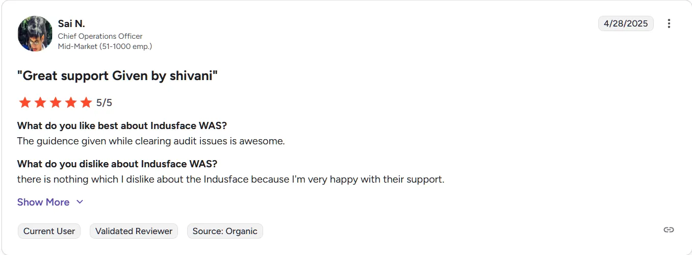 Customer review of Indusface WAS Customer review of Indusface WAS