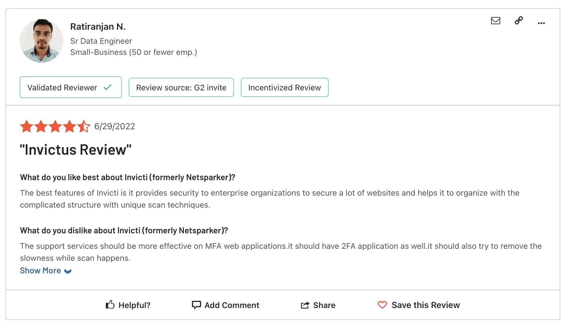 An Invicti review by a user on g2
