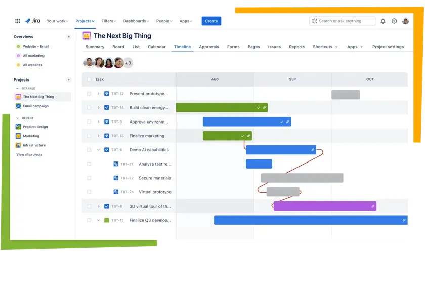 Jira project timeline view with tasks and progress bars. Jira project timeline view with tasks and progress bars.