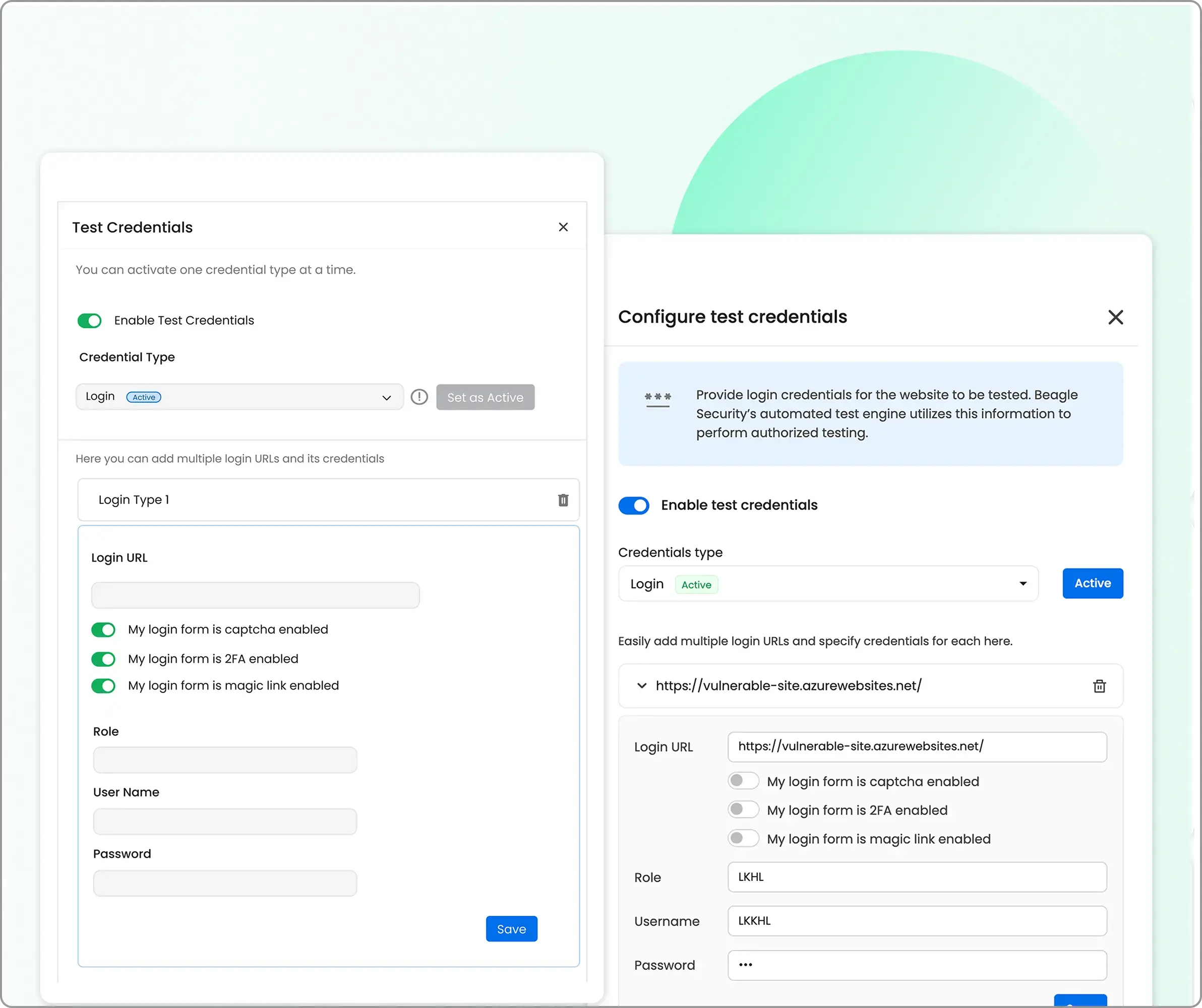 The test credentials tab and it’s configuration
