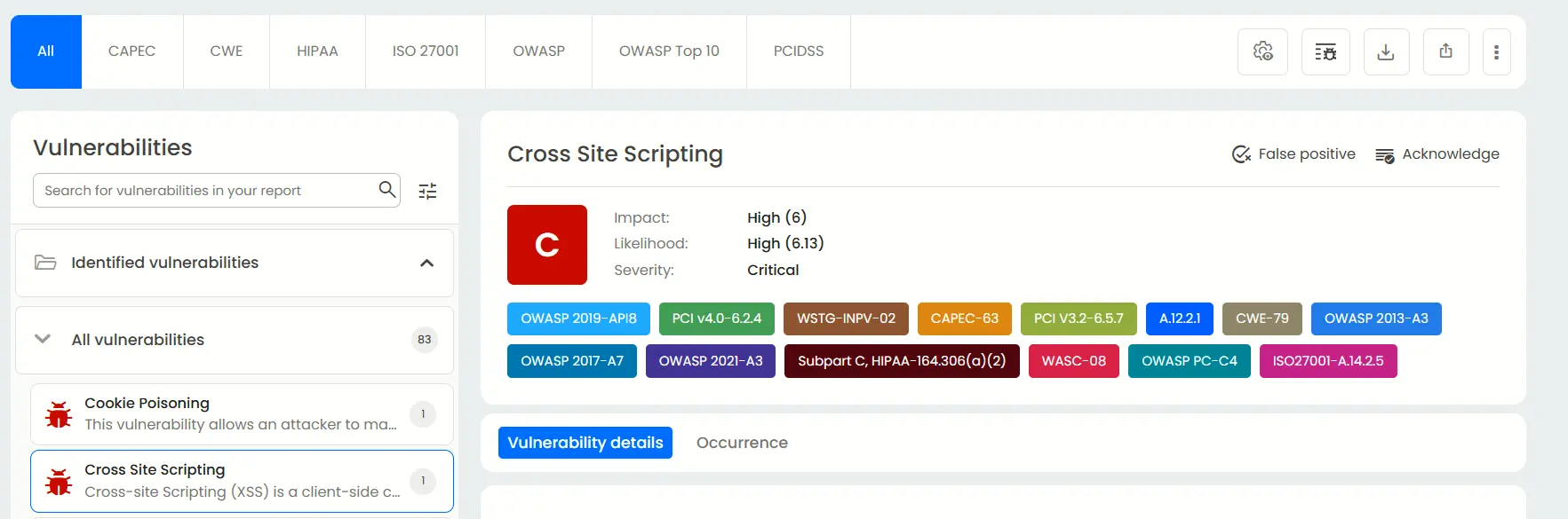 A view of the mappings, showing the example of Cross site scripting