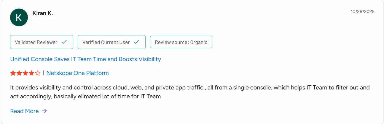 Netskope customer review with a four-star rating. Netskope customer review with a four-star rating.