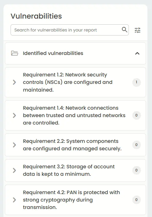 List of PCI DSS vulnerabilities in the application