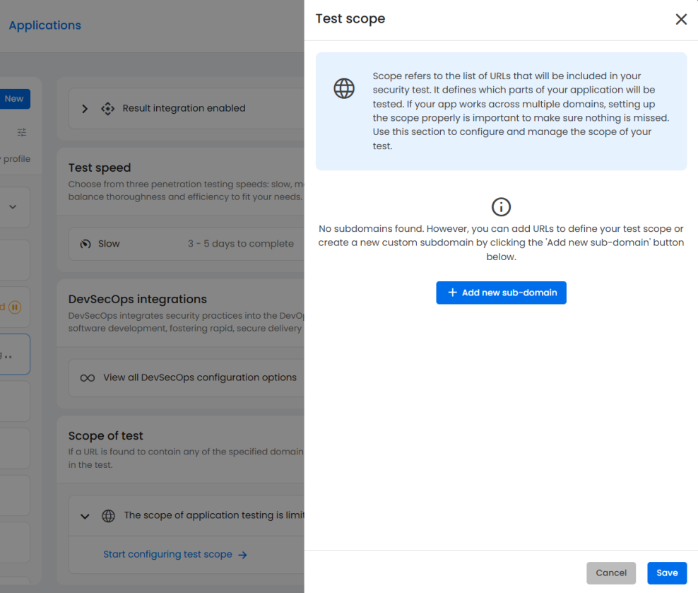 The test scope tab with add new sub-domain option