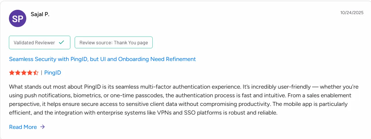 Customer review of PingID with a four-star rating. Customer review of PingID with a four-star rating.