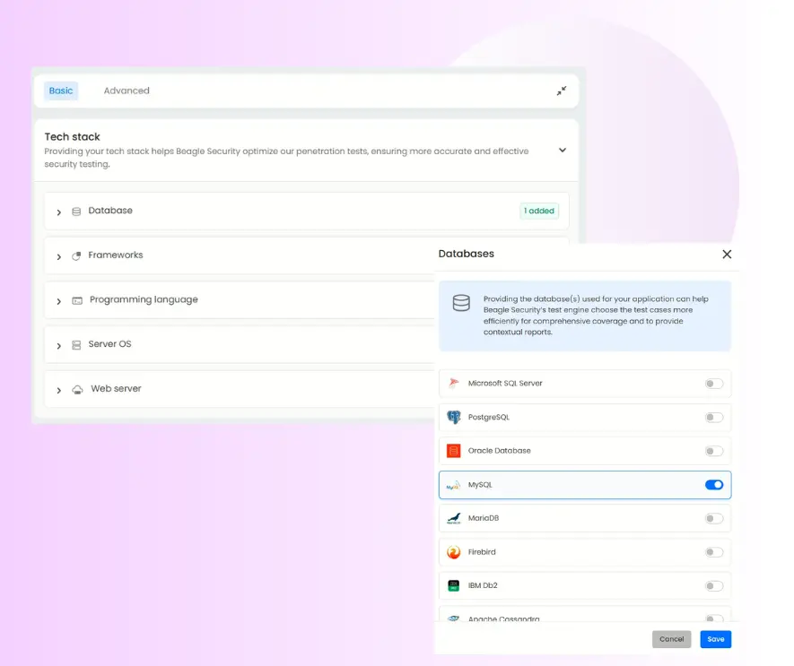 Tech stack configuration that contains database, frameworks, programming language, server OS and web server