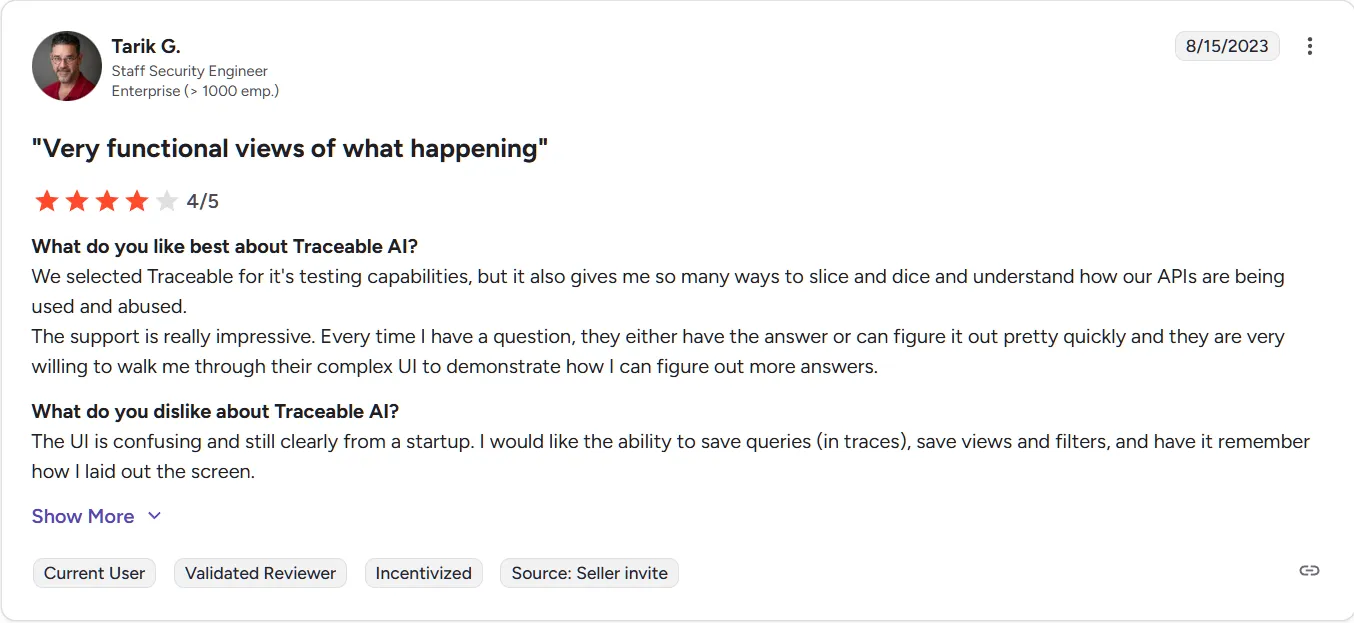 Customer review screenshot for Traceable AI, rated 4/5. Customer review screenshot for Traceable AI, rated 4/5.