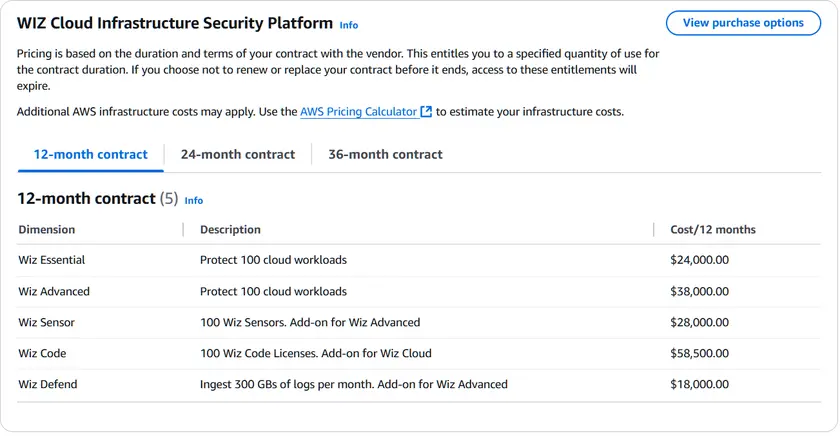Wiz pricing table showing 12-month contract options and costs.