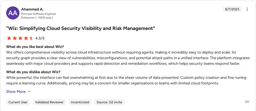 Wiz cloud security review: star rating, pros, and cons.