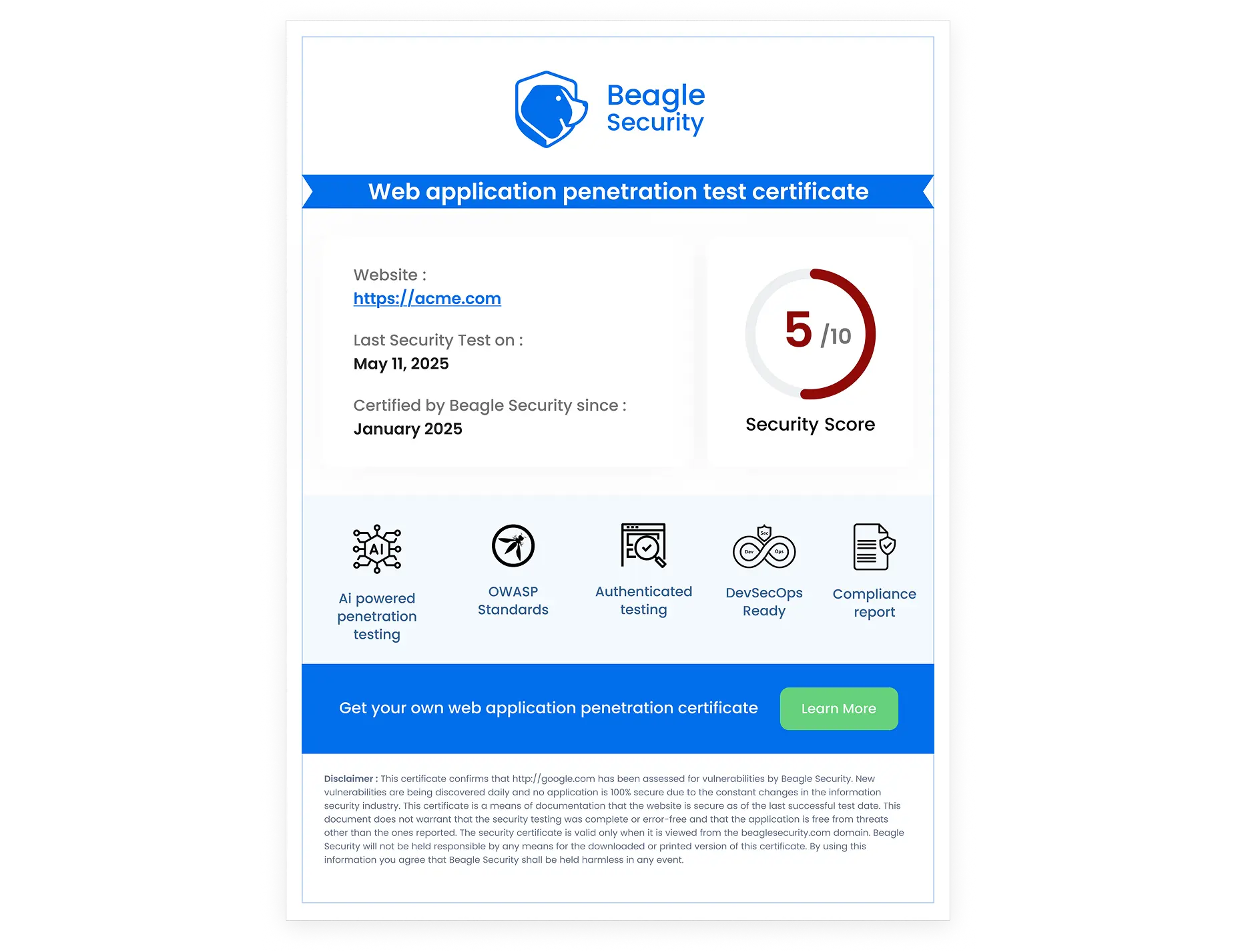 Web application penetration test certificate