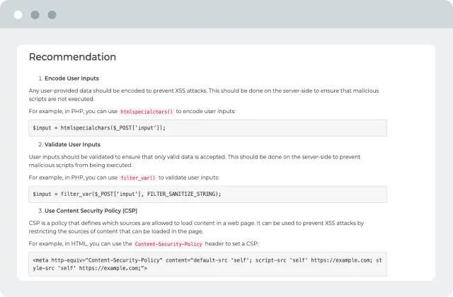 Recommendations based on test results within Beagle Security test report.