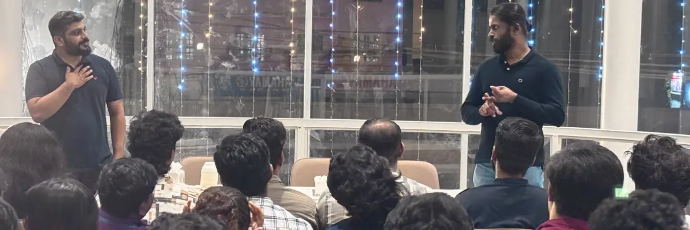 Founders speaking to the team during Beagle Security's 6th anniversary celebration.