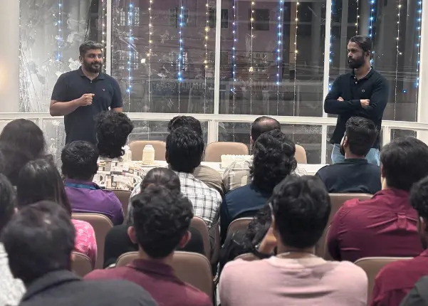Founders speaking to the team during Beagle Security's 6th anniversary celebration.