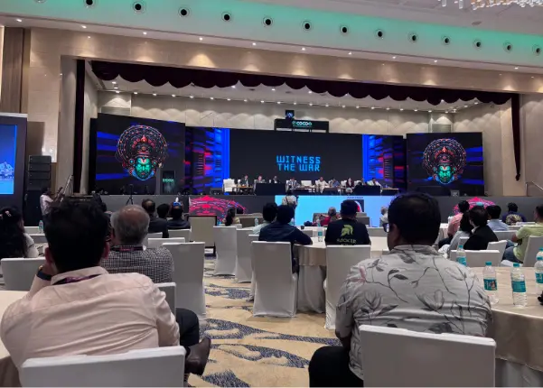 The main stage at c0c0n 2025 held at the Grand Hyatt, Kochi.