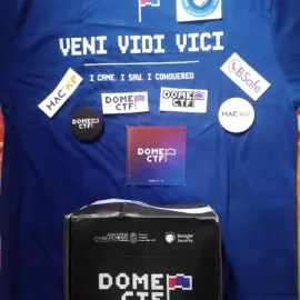 Memorabilia created by the team for DomeCTF 2021 including t-shirts, stickers, tags and more