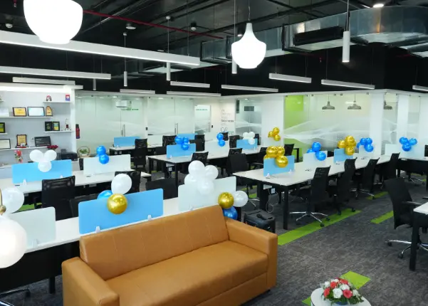 The new office space decorated with balloons and more for the event.