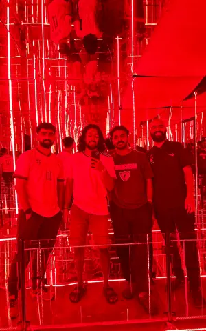 a group pic in the mirror maze at the adventure park