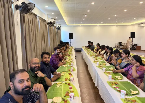 The grand Onam sadhya served on banana leaf.